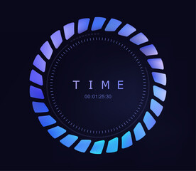 Fototapeta na wymiar Abstract time icon with numerals, gradient of blue and purple hues, against a dark background. Vector round clock, time symbol