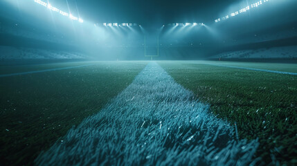 A football field with a blue line on it. The field is empty and the lights are on