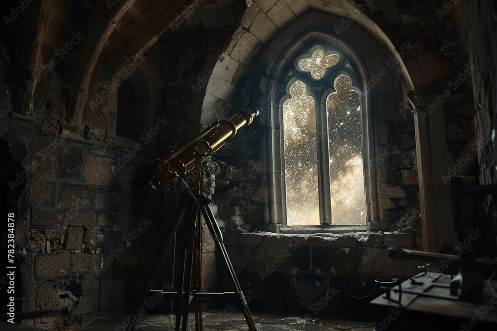 Poster a telescope is set up in a room with a window. the room is dark and the telescope is the only source
