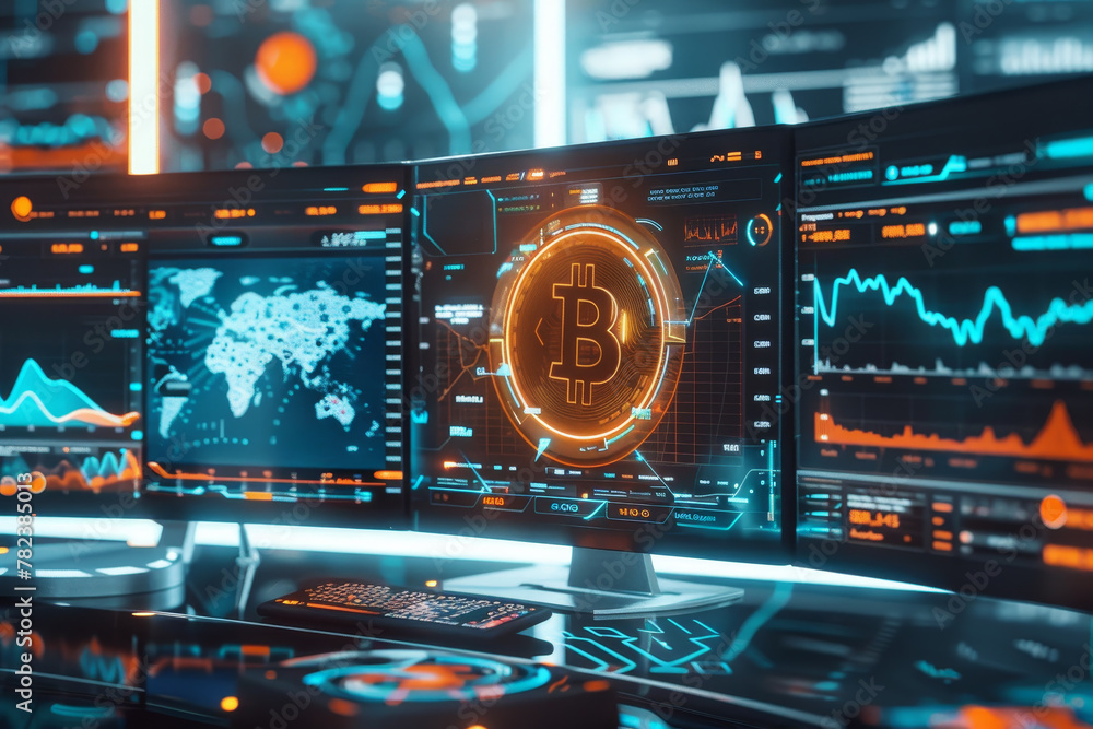 Poster a computer monitor displays a large, glowing bitcoin symbol. the monitors are arranged in a row, wit