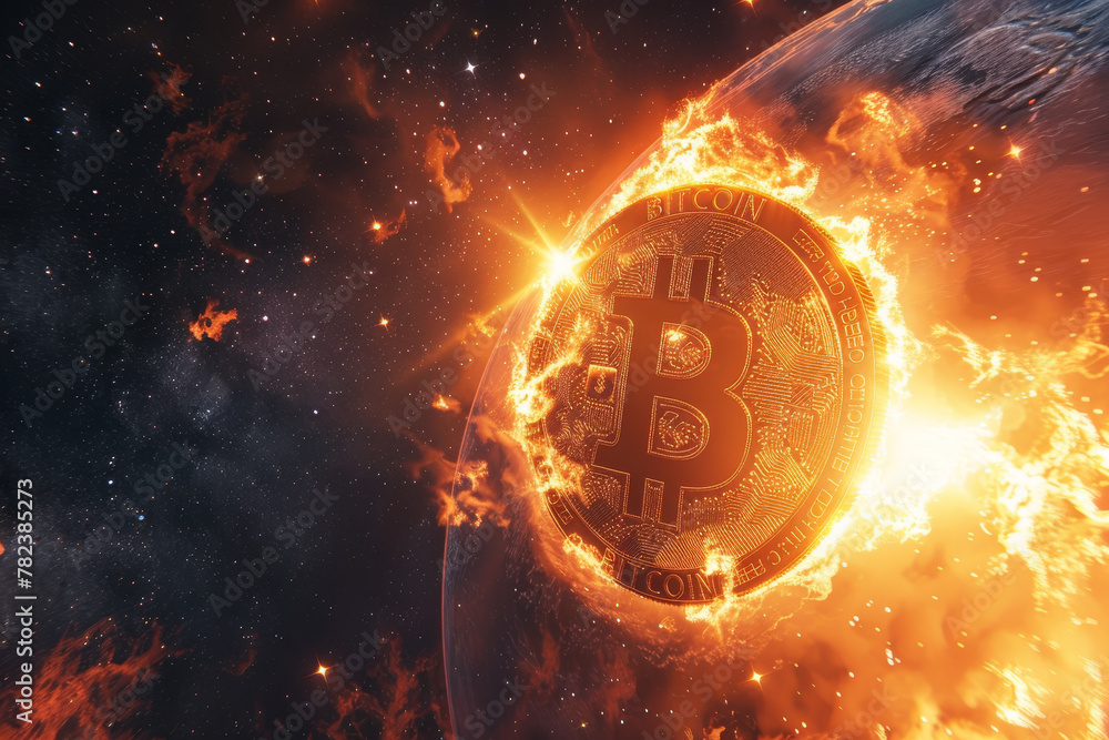 Poster a close up of a bitcoin coin that is on fire. the image has a futuristic and spacey feel to it, with
