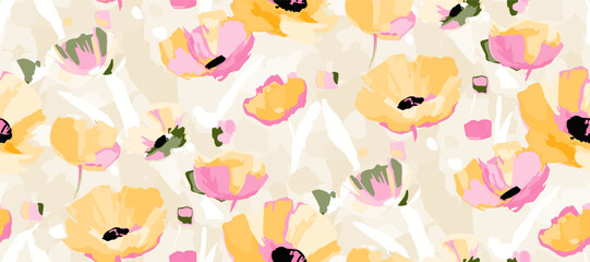 Abstract floral seamless pattern. Bright colors, gouache painting - obrazy, fototapety, plakaty
