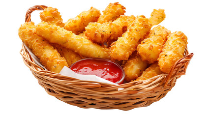  A basket of mozzarella sticks with marinara sauce for dipping, crisply fried and golden, set on a solid pure white background. 
