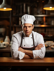 A cook or chef leaning on the table looks straight at the camera with the kitchen in the background, with space for text 