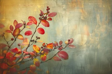 Artwork featuring red and yellow flower petals on a gray twig