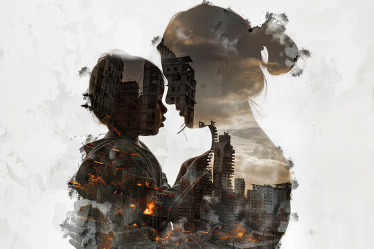 A woman and a child are silhouetted against a city skyline. The woman is holding the child, and the image conveys a sense of love and protection