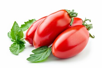 Isolated San Marzano Roma tomatoes with leaves on white background