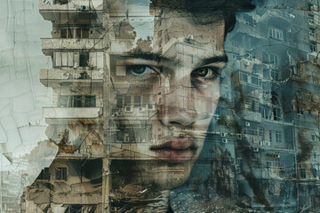 A man's face is shown in a collage of buildings. The collage is made up of different pieces of paper, and the man's face is the central focus. Scene is somewhat melancholic