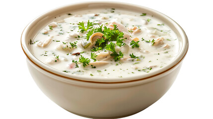  A bowl of creamy, New England clam chowder with fresh parsley, showcased on a solid pure white background. 
