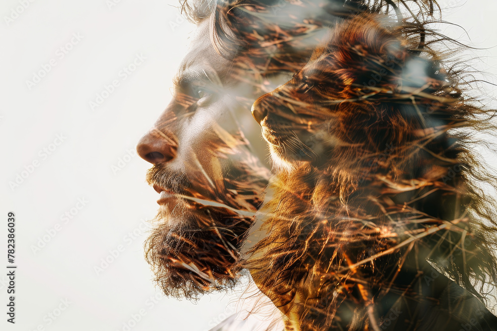 Poster a man with a beard and a lion in the background
