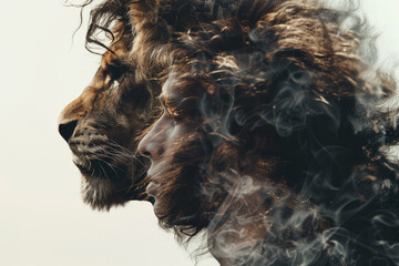 A man and a lion are shown in a blurry image with smoke in the background. The lion is depicted as...