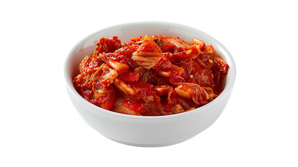  A bowl of spicy kimchi, with vibrant red hues and visible chili flakes, set against the contrast of a solid pure white background. 
