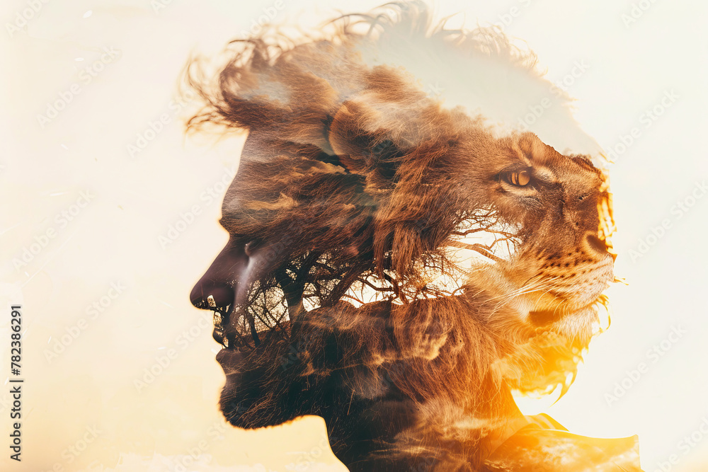 Poster a man's face is shown in a distorted way, with a lion's head in the middle of it. the image has a su