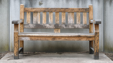 Aged wooden bench rests against textured concrete wall, its weathered surface echoing past moments of respite. Simplicity of scene evokes sense of solitude and reflection