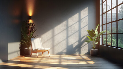 Modern chair and potted plants in room with sunlight casting dramatic shadows through large window. The play of light and shadow creates a peaceful, contemplative space