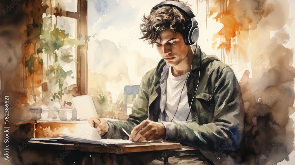 Poster student studying while listening to music generative ai