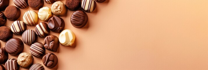 horizontal banner, different types of chocolate and chocolates, lots of sweets, top view, light beige background, copy space, free space for text