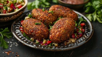Israeli cuisine, Kibbeh. Juicy bulgur cutlets with meat.  - obrazy, fototapety, plakaty