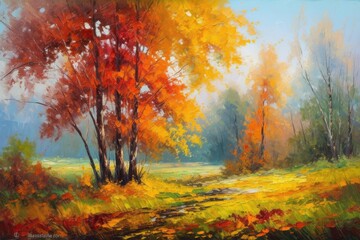 Vibrant Autumn Landscape Painting Generative AI - obrazy, fototapety, plakaty