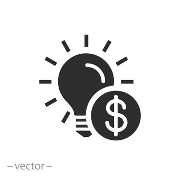 business light icon, money idea, dollar with light bulb, flat symbol on white background - vector illustration