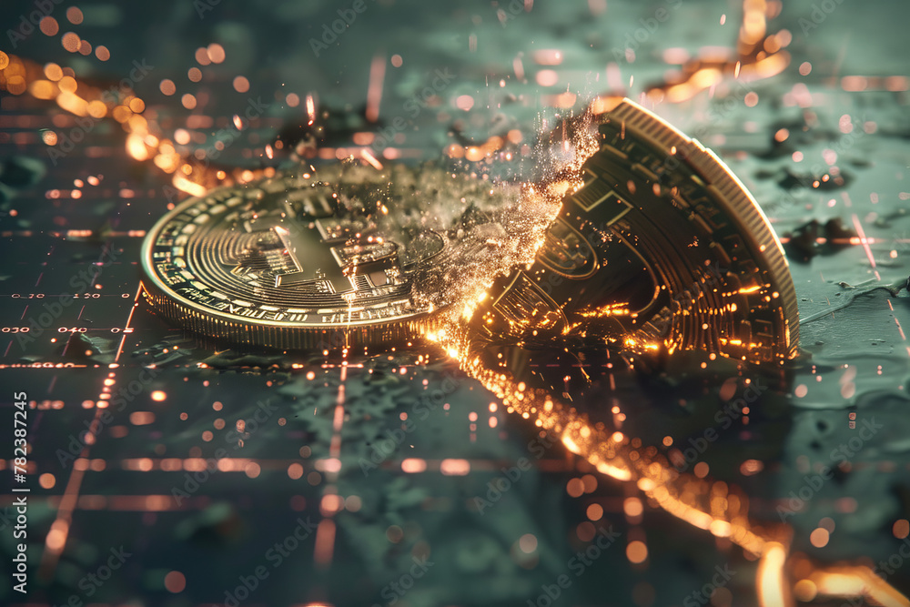 Poster a close up of a bitcoin coin with a slash through it. the image has a dark, moody atmosphere with a 