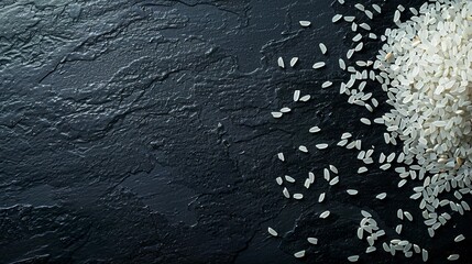 White rice grains spilled on the black table, from above - obrazy, fototapety, plakaty