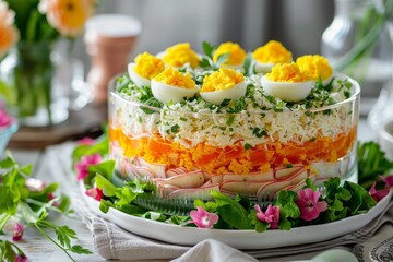 Obraz na płótnie Canvas Layered Easter salad with sardines cheese eggs and vegetables for dinner