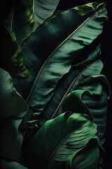 Lush Tropical Banana Foliage with Dark Green Tint Generative AI