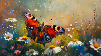 A painting of a red butterfly in a field of flowers. The butterfly is surrounded by a variety of flowers, including daisies and yellow flowers. The painting has a vibrant and lively feel