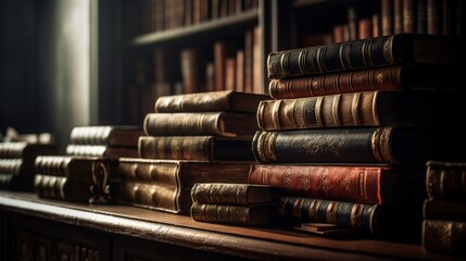 Antique Leather Books in a Classic Library Generative AI