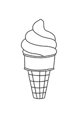 Illustration of ice cream in a black line waffle cone. Line art design