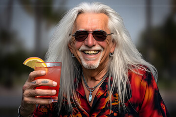 Joyful silver-haired man with sunglasses enjoying a cocktail: A moment of happiness and refreshment - obrazy, fototapety, plakaty