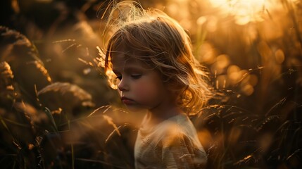 A little girl stands in tall grass at sunset, surrounded by a natural landscape
