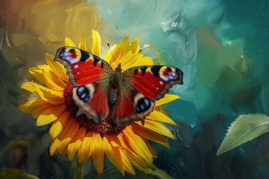 A butterfly is sitting on a yellow flower. The butterfly is red and blue