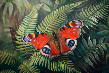 A red butterfly is perched on a green leaf. The butterfly is surrounded by a lush green background,...