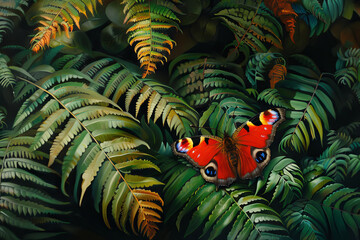 A red butterfly is sitting on a green leaf. The butterfly is surrounded by green leaves and the image has a peaceful and calming mood - obrazy, fototapety, plakaty