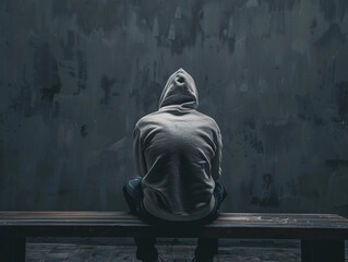 Anxiety solitary man in hoodie sitting on bench from behind against empty dark grey background with copy space 