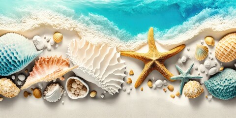 Fototapeta na wymiar Serene Beach Scene with Shells, Corals, and Starfish Generative AI