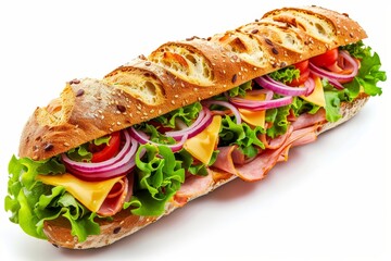 Long sandwich with ham cheese and vegetables On white