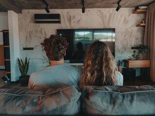 Back view of adult couple watching TV at home while sitting on sofa 
