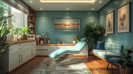 Dental office with chair and couch, featuring wood cabinetry and flooring
