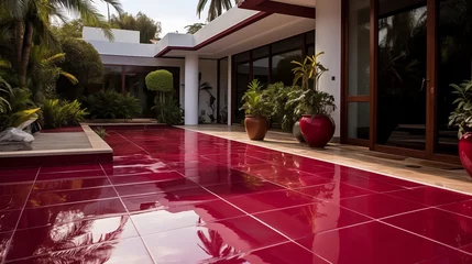 Tuinposter Ruby-toned exterior tiles with a glossy finish, reflecting the surrounding environment and enhancing curb appeal. © komal