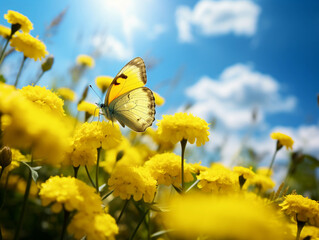 Beautiful yellow butterfly on yellow summer flowers in a meadow overlooking the blue sky. 