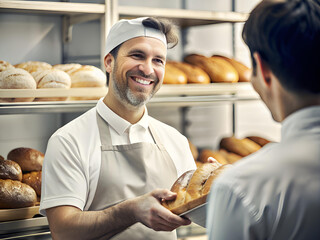 A smiling baker in a bakery passes a loaf of freshly baked bread to a customer.