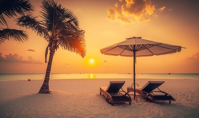Serene Tropical Beach Sunset with Lounge Chairs and Umbrella Generative AI