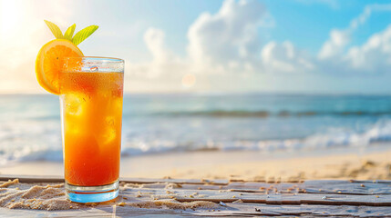 A delicious cocktail in the sunlight on a wooden table with a copy of the space, against the background of the ocean and in an atmosphere of relaxation. AI.