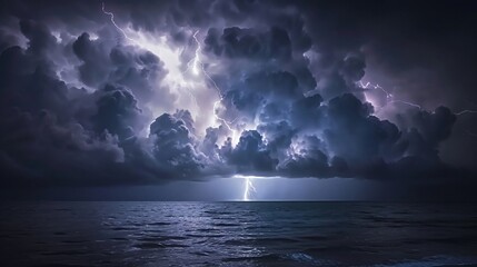 A dramatic thunderstorm unfolds over the ocean, with lightning strikes illuminating dark waters beneath ominous black clouds, viewed from the shore. - obrazy, fototapety, plakaty
