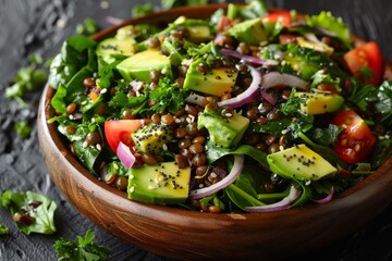 Mediterranean American salad with avocado spinach onion lentils tomato seeds and olive oil