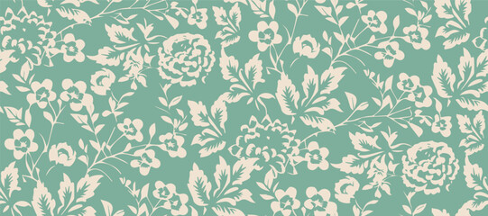 Simple monochrome two-color seamless pattern with flowers silhouette. - obrazy, fototapety, plakaty