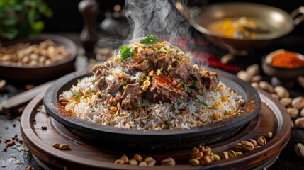 The national cuisine of Jordan, the national dish Mansaf is a mound of steaming rice with cardamom, covered with mouth-watering pieces of lamb. - obrazy, fototapety, plakaty
